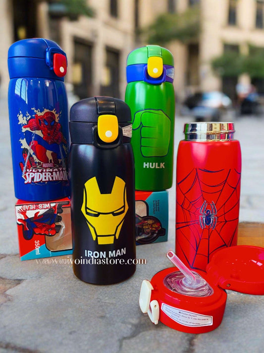 Colorful Avenger water bottle for kids featuring Spider-Man, Iron Man, Hulk designs for fun hydration