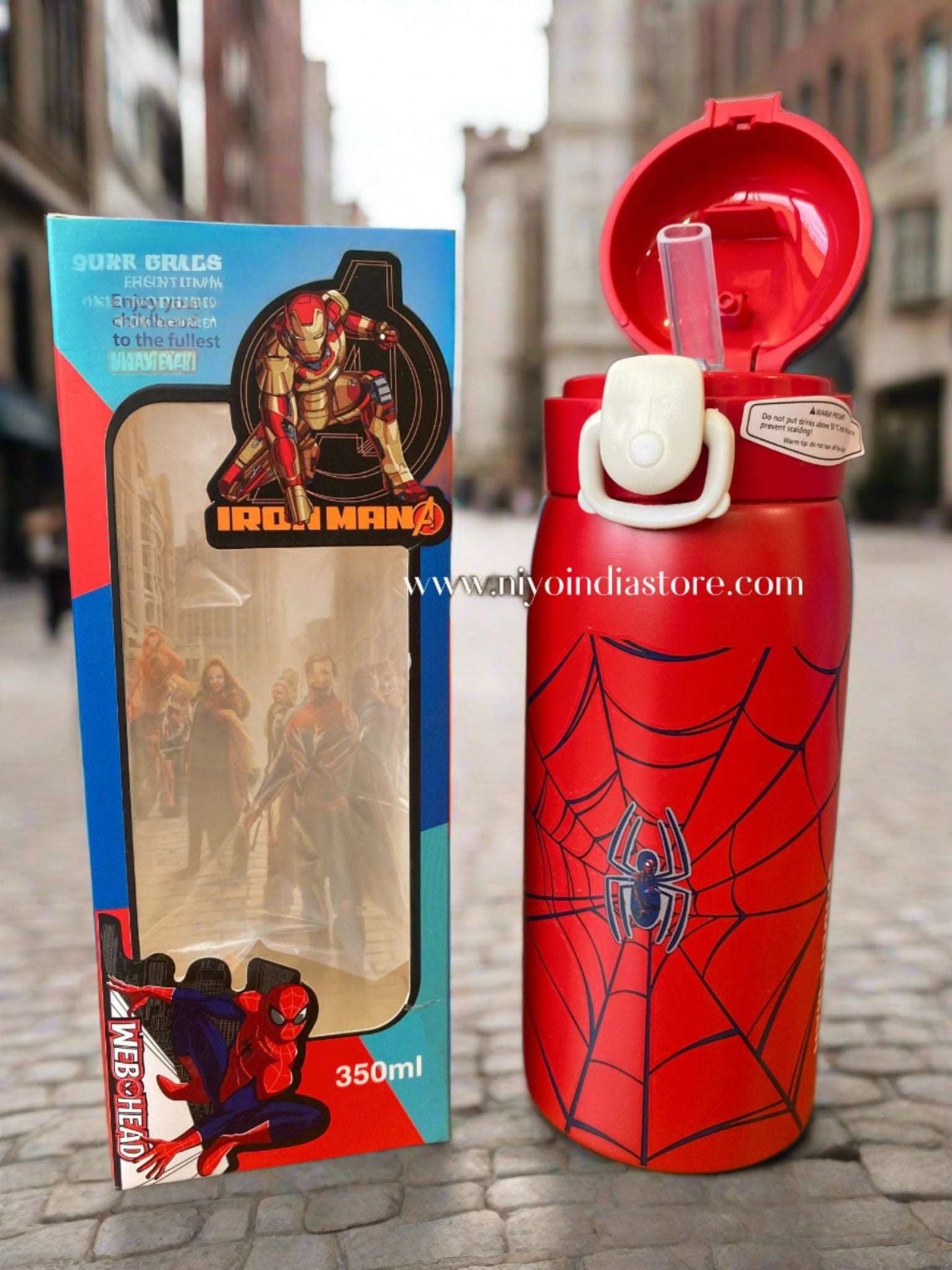 NIYO TOYS Avenger water bottle for kids featuring Spider-Man design with a 350ml capacity