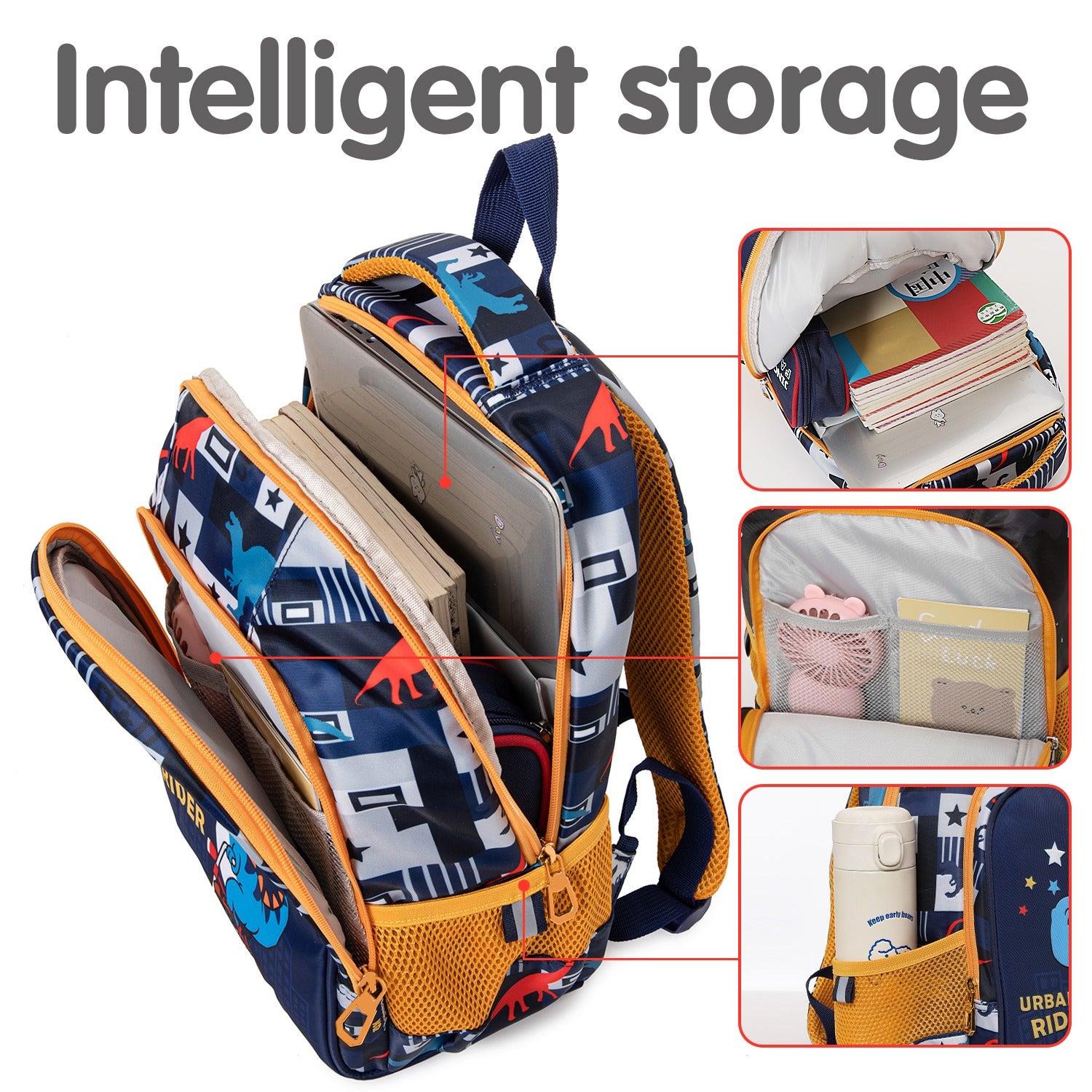 Back to school dino backpack featuring intelligent storage for books and supplies