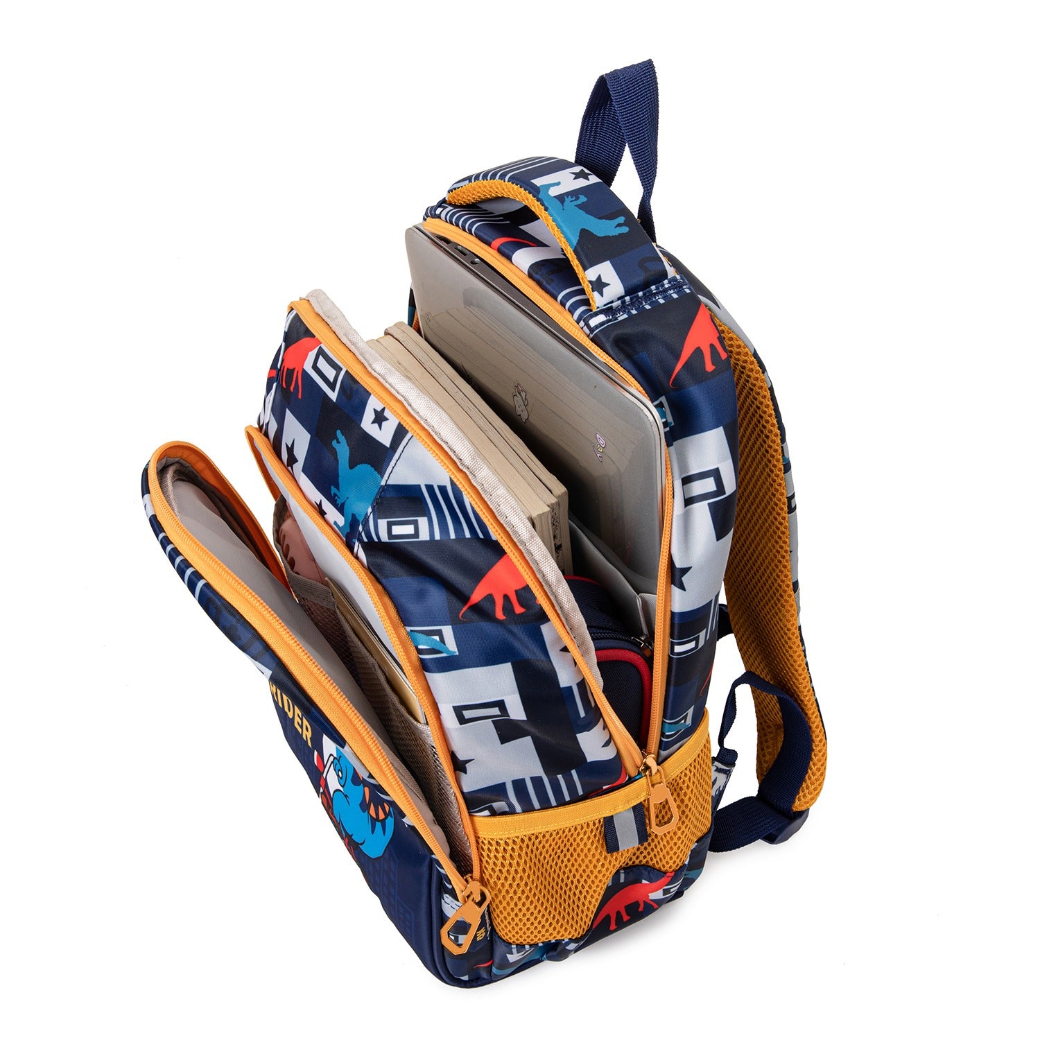 Back to school dino backpack featuring colorful dinosaur patterns and multiple storage compartments