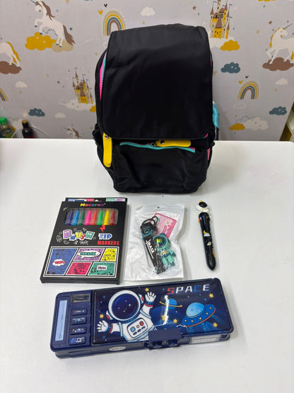 Black NIYO TOYS hamper for kids, featuring space design, ideal for organizing toys and art supplies