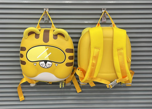 Yellow NIYO TOYS cartoon backpack with cute tiger design, perfect for kids age 3+, ideal for school use