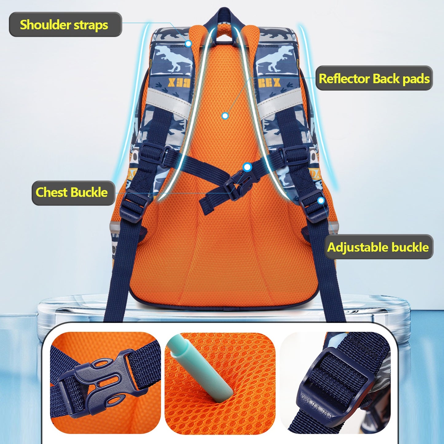 NIYO TOYS backpack dino in orange with adjustable straps, suitable for ages 5+, perfect for school use