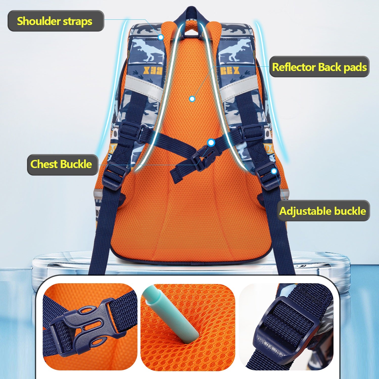 NIYO TOYS backpack dino in orange with adjustable straps, suitable for ages 5+, perfect for school use