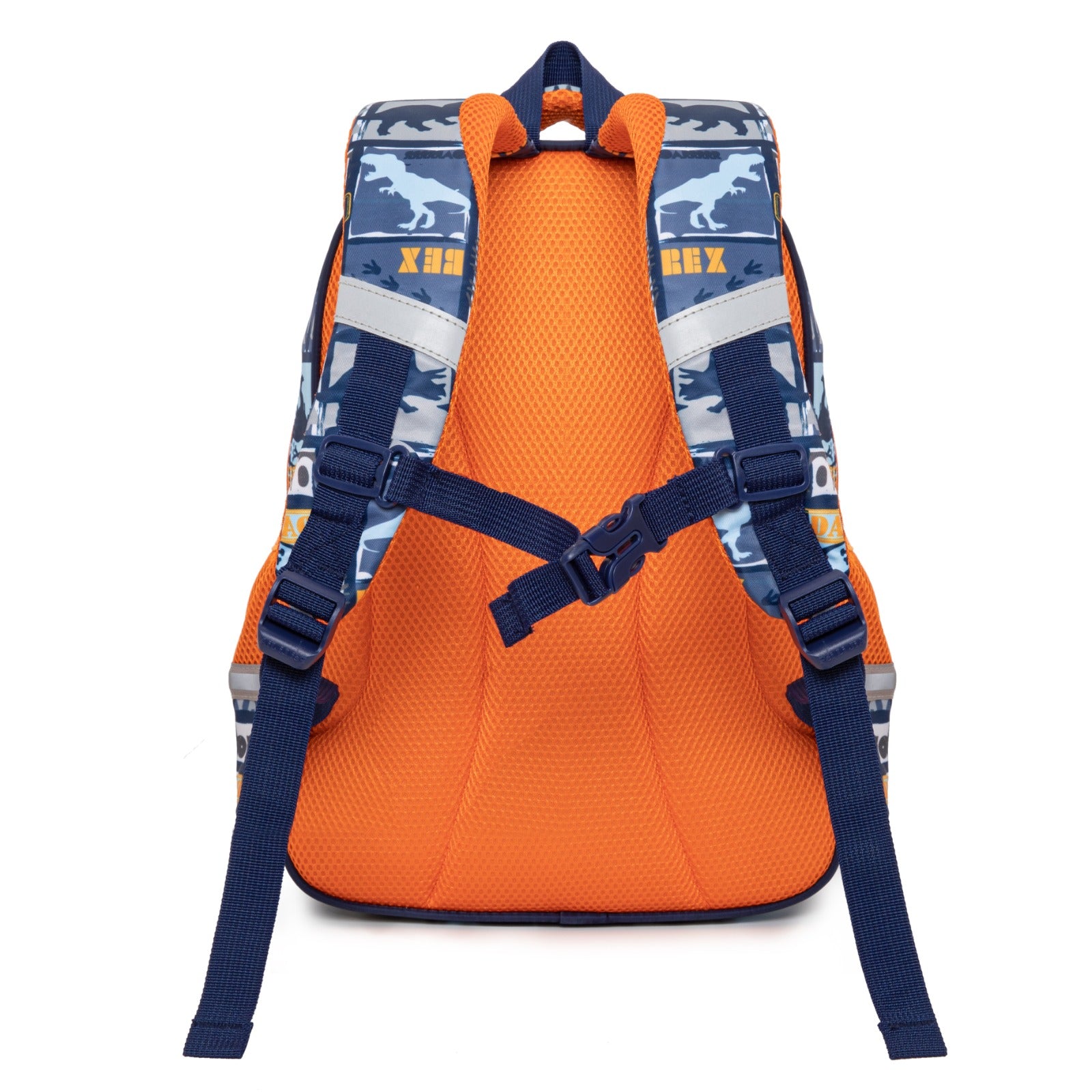 Backpack dino in orange and blue, designed for kids ages 3 and up, perfect for school or play