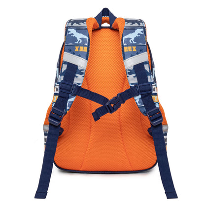 Backpack dino in orange and blue, designed for kids ages 3 and up, perfect for school or play