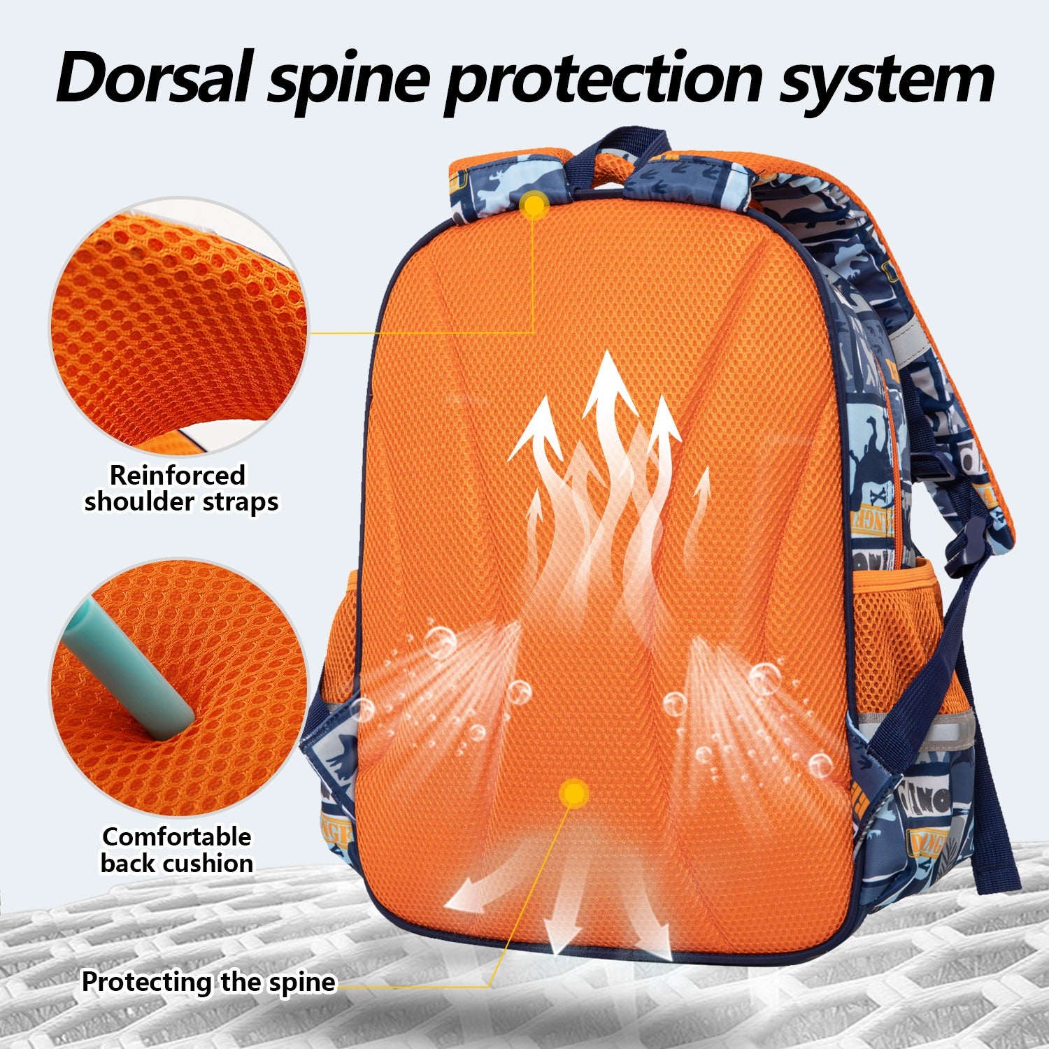 Orange NIYO TOYS backpack dino with dorsal spine protection for kids, ideal for school and play