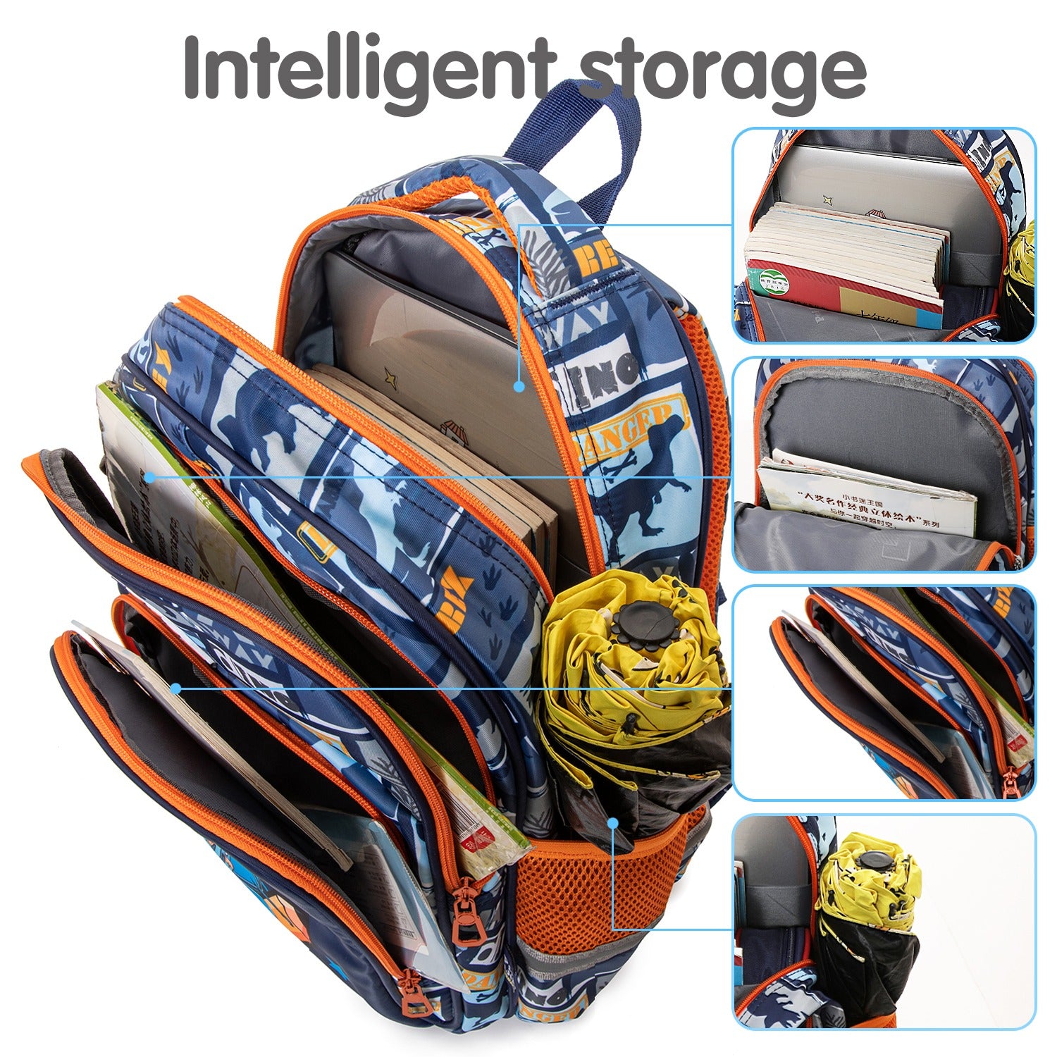 NIYO TOYS backpack dino in blue with multiple compartments for kids age 5+, perfect for school and outings