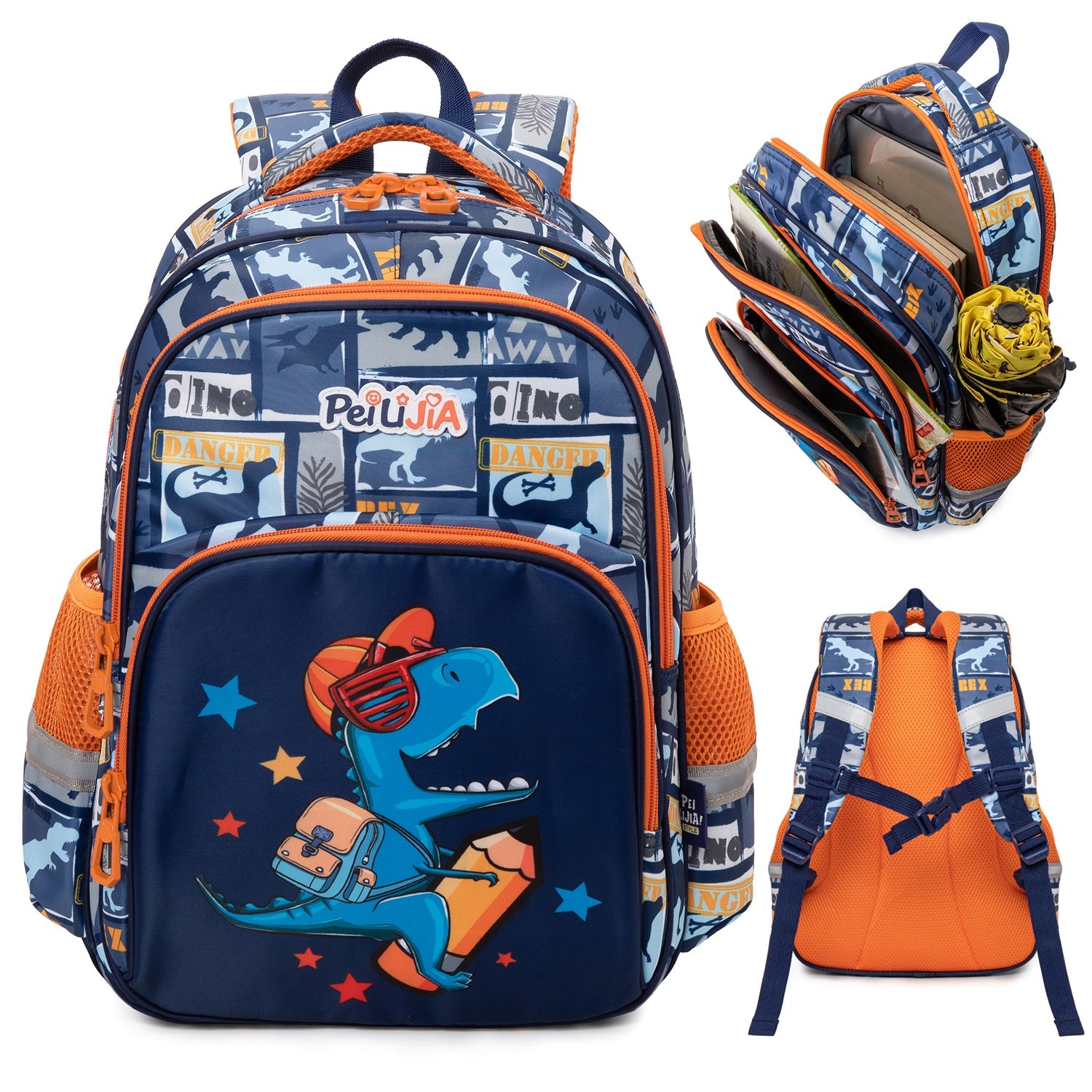 Navy blue backpack dino for kids with multiple compartments, ideal for school and ages 3 and up