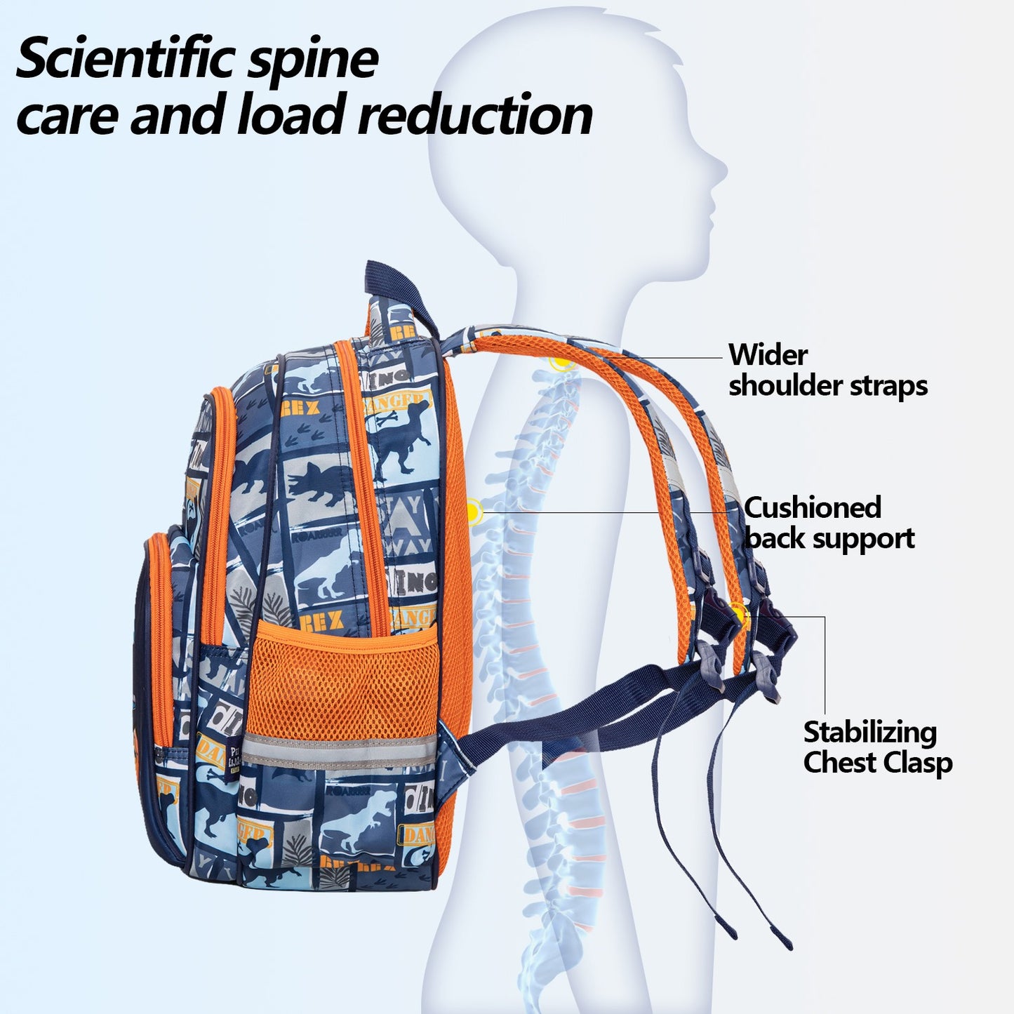 Backpack dino in blue with cushioned back support for kids, promoting spine care and load reduction