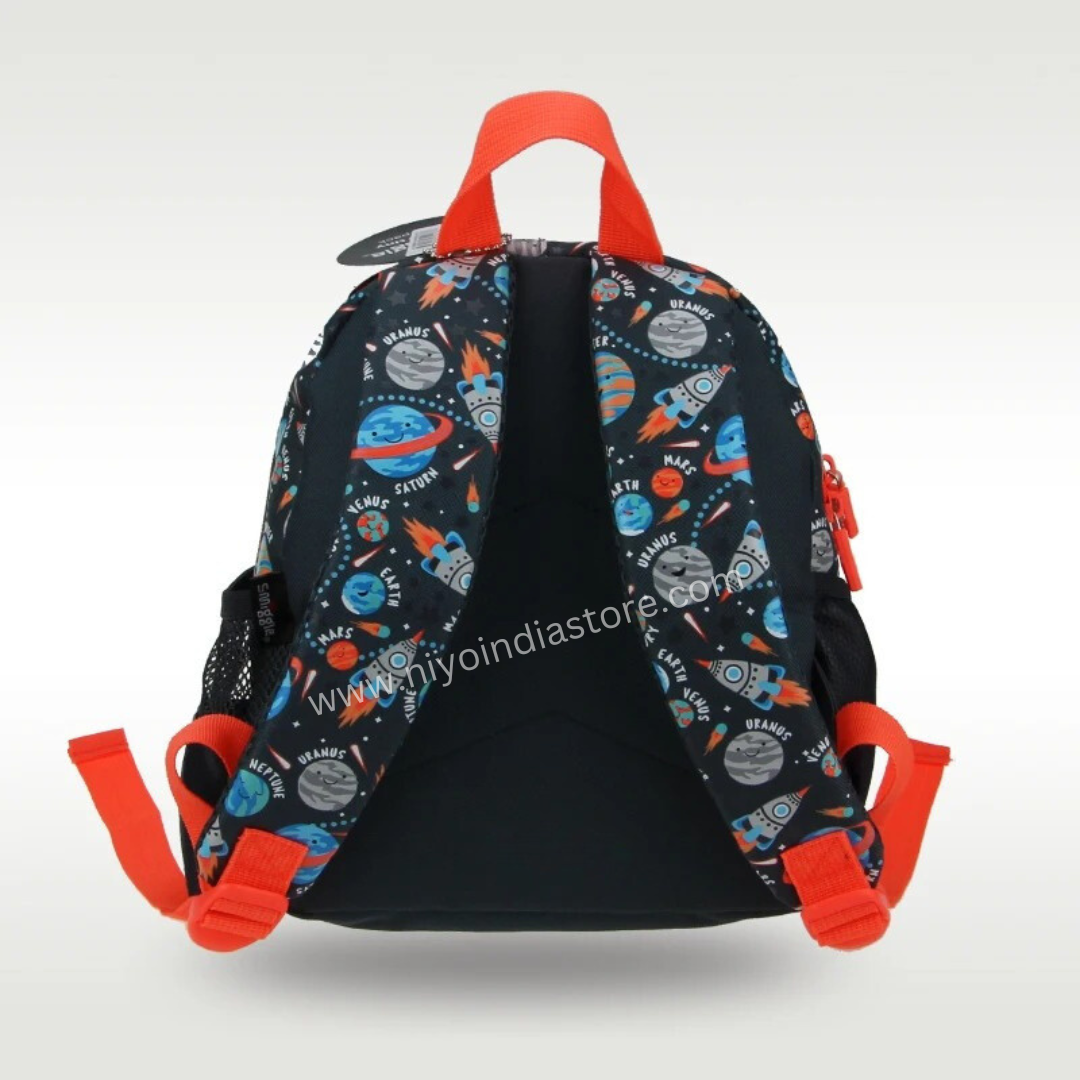 Black and orange backpack preschool with space-themed designs for kids age 3 and up