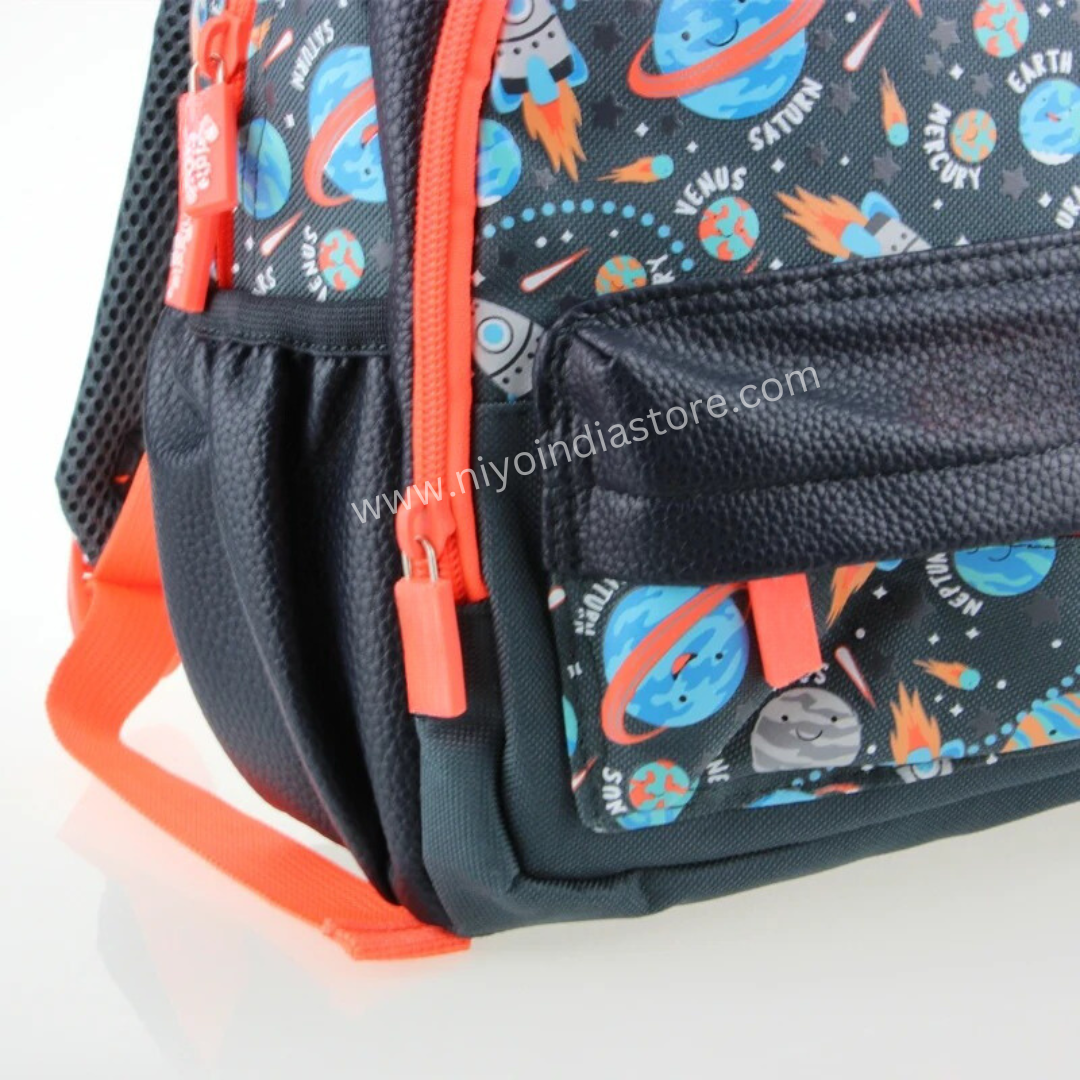 Black space-themed backpack preschool with colorful planets, suitable for ages 3 and up
