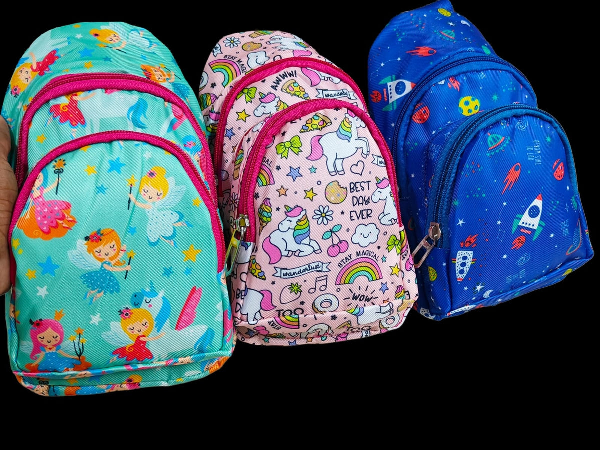 Colorful kids backpacks featuring fairy, unicorn, and space designs, perfect for ages 3+, bag with sling
