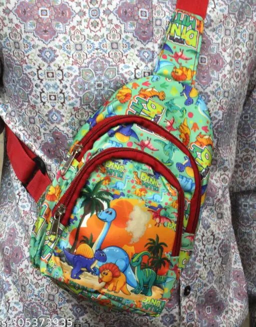 Colorful dinosaur-themed bag with sling, perfect for kids age 3+, ideal for outings and playtime