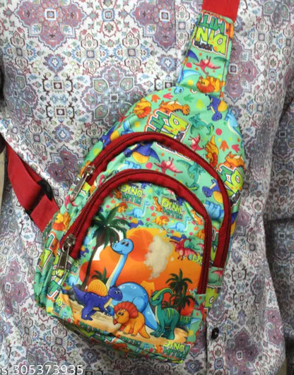 Colorful dinosaur-themed bag with sling, perfect for kids age 3+, ideal for outings and playtime