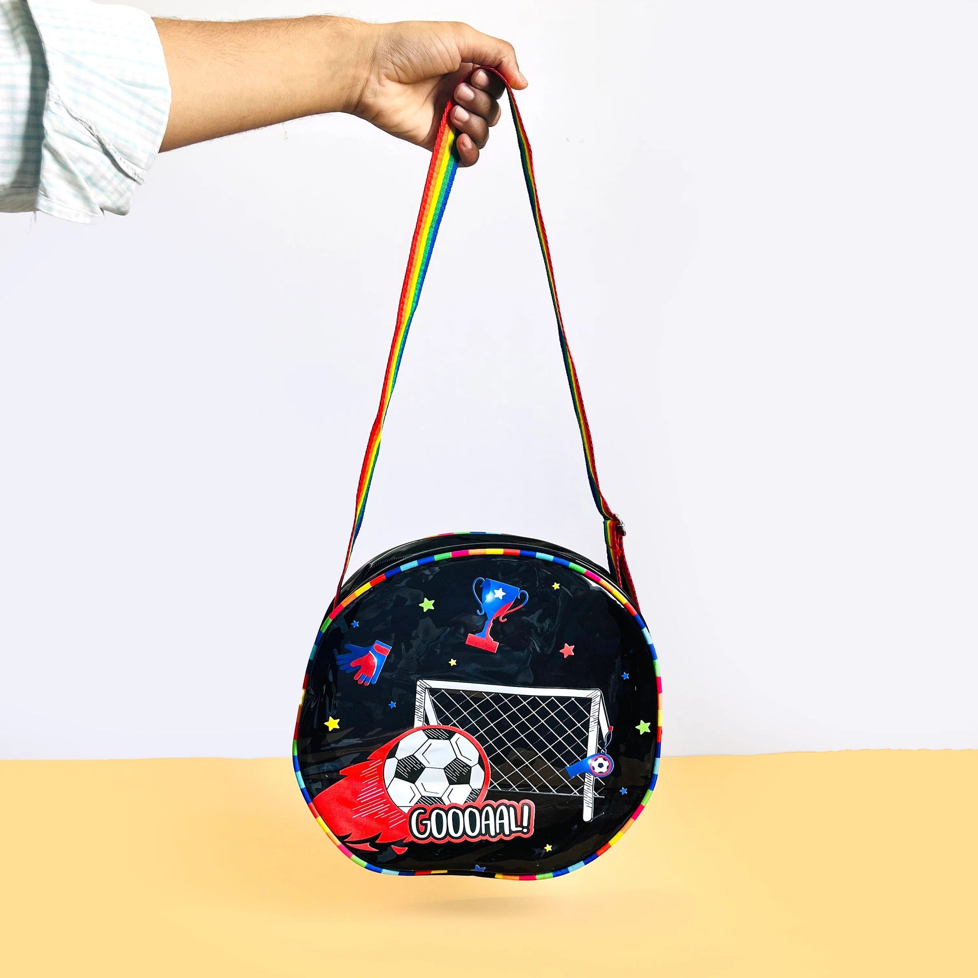 Colorful jelly bag with sling featuring soccer theme, ideal for kids age 3+, perfect for outings