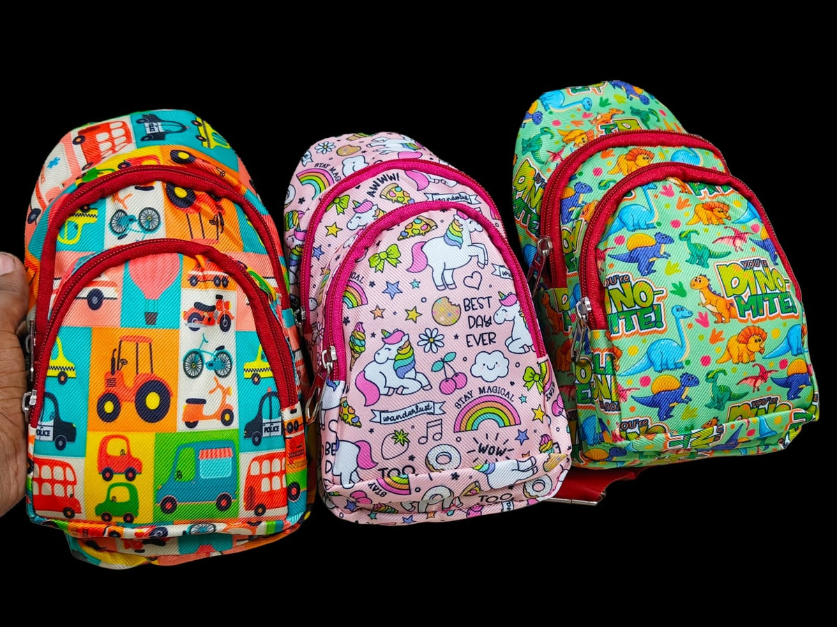 Colorful NIYO TOYS bags with sling featuring fun designs for kids, suitable for ages 3 and up
