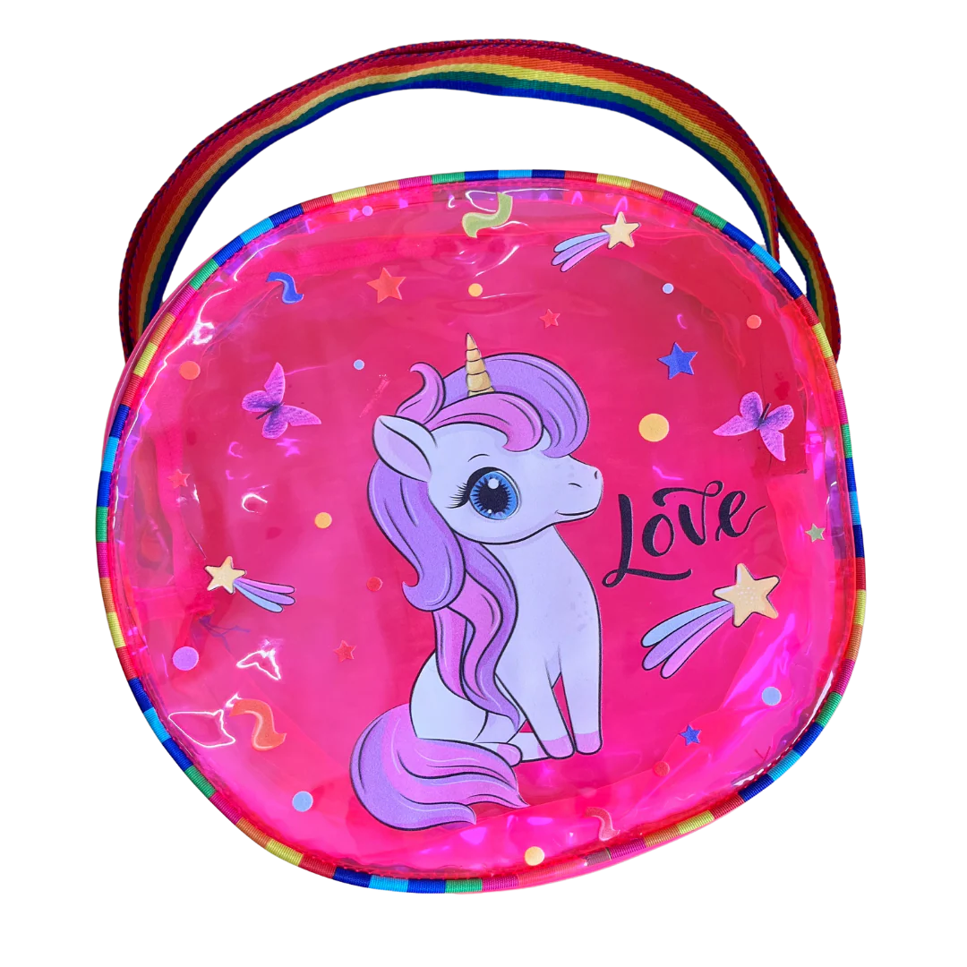 Pink unicorn jelly bag with sling, age 3+, perfect for birthday parties and everyday use