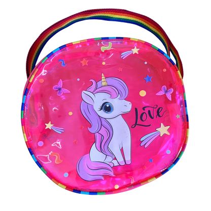 Pink unicorn jelly bag with sling, age 3+, perfect for birthday parties and everyday use