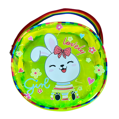 Bright green jelly bag with sling, featuring a cute bunny design for kids aged 3+, perfect for playdates