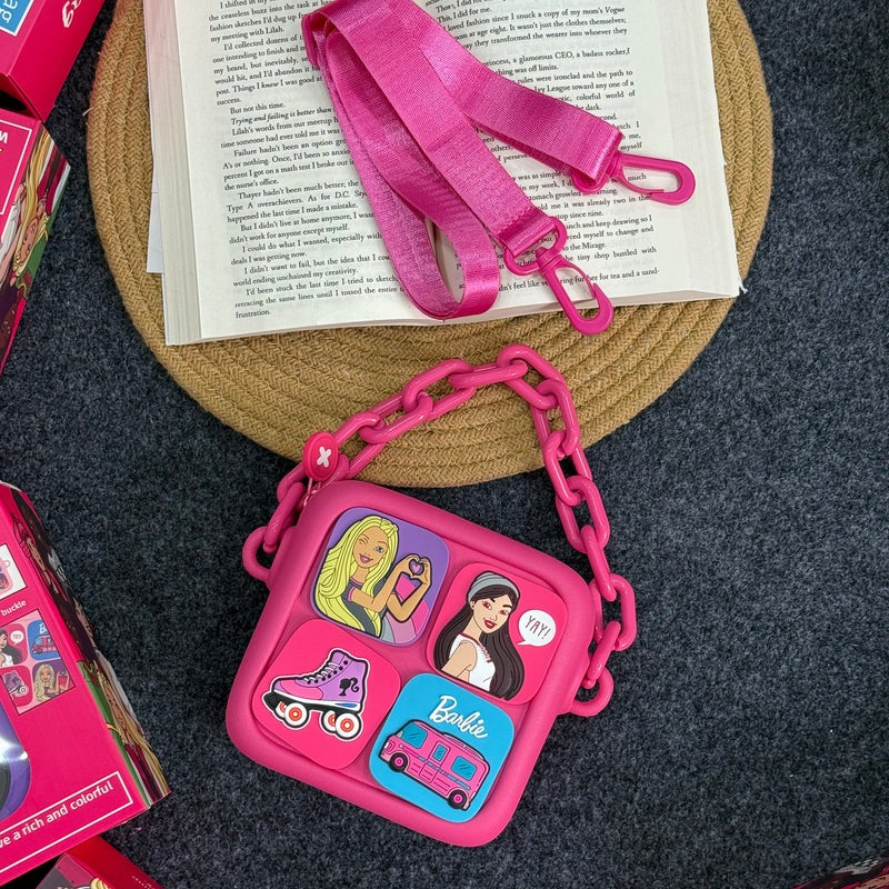 Pink Barbie bag with sling, featuring colorful stickers, ideal for ages 3+, perfect for playful outings