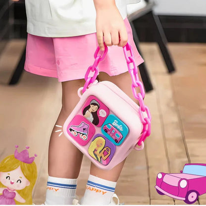 Pink bag with sling featuring fun stickers, perfect for kids aged 3 and up