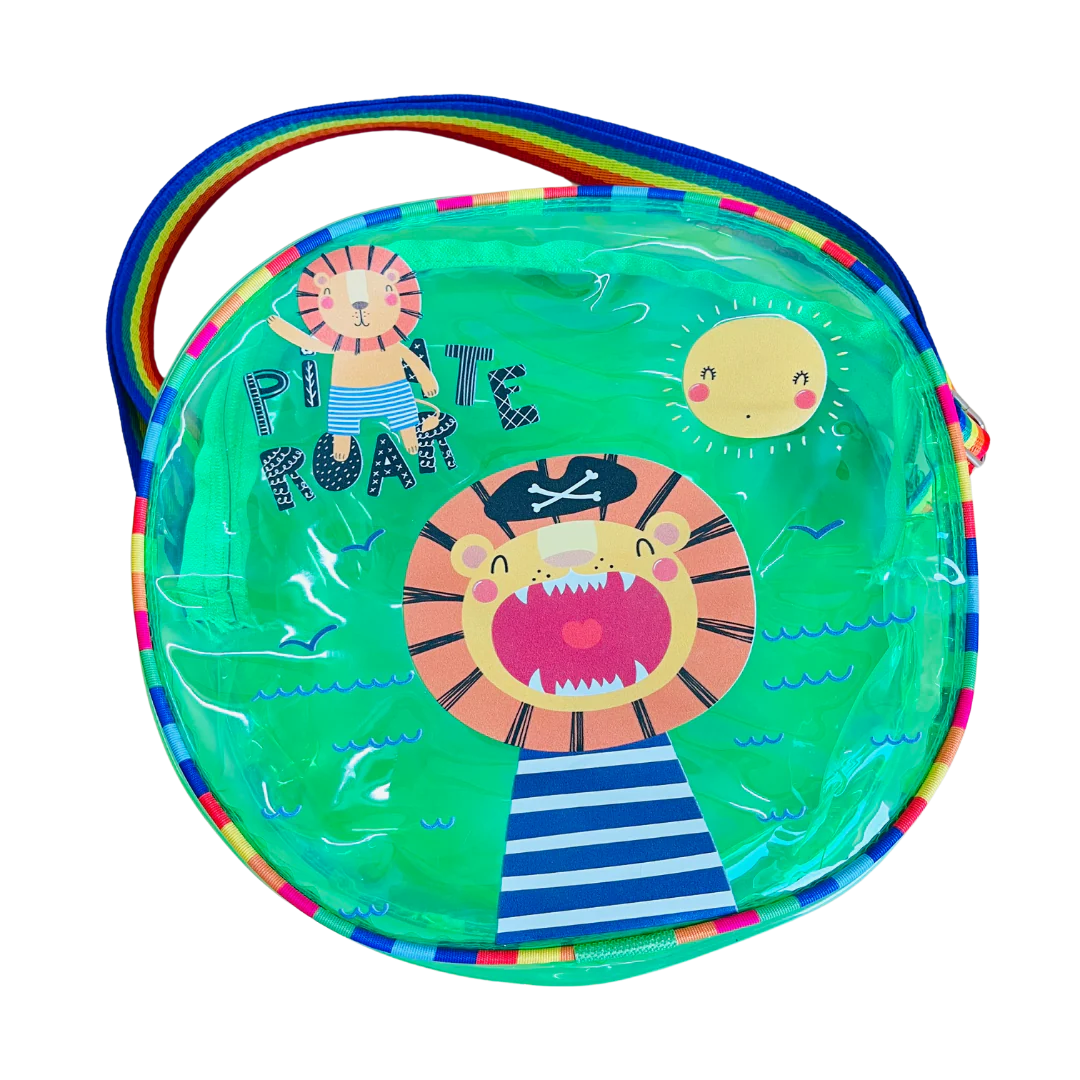 NIYO TOYS bright green jelly bag with sling featuring a pirate lion design for kids age 3 and up