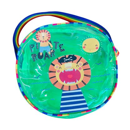 NIYO TOYS bright green jelly bag with sling featuring a pirate lion design for kids age 3 and up