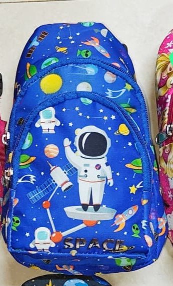 Blue space-themed bag with sling designed for kids, featuring astronauts and planets, ages 3 and up