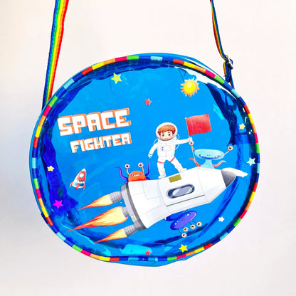 Blue NIYO TOYS jelly bag with sling featuring a space theme for kids ages 3 and up.
