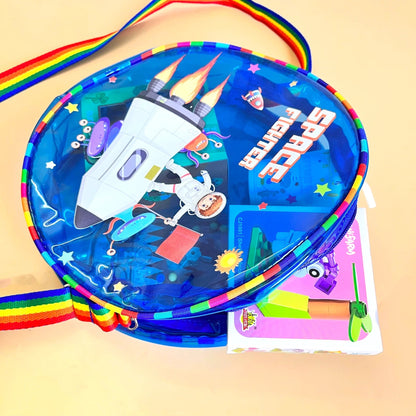 Colorful NIYO TOYS jelly bag with sling, featuring space fighter design for kids age 3+, perfect for toys and accessories
