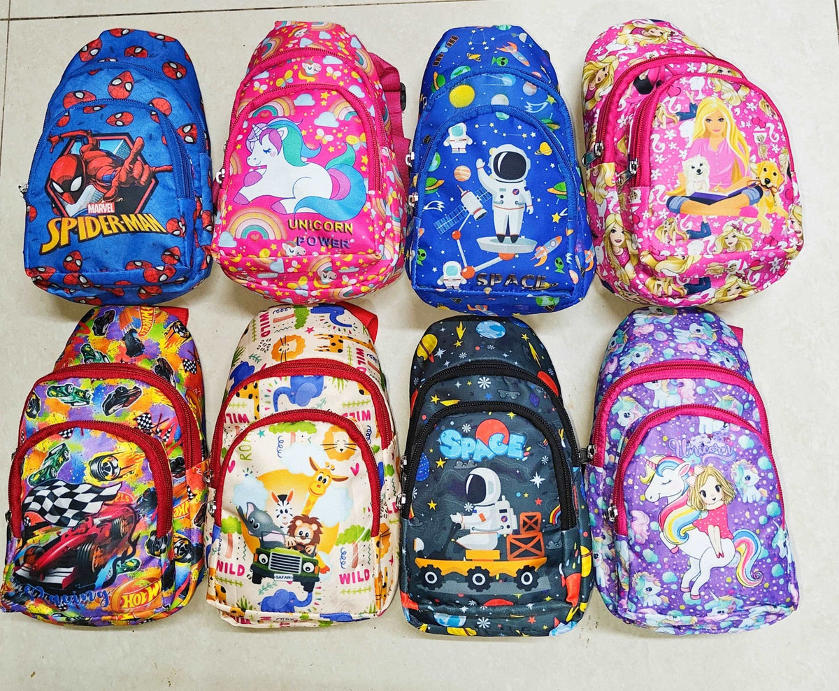 Colorful children's backpacks featuring space and unicorn designs, ideal for ages 3+, bag with sling for school use