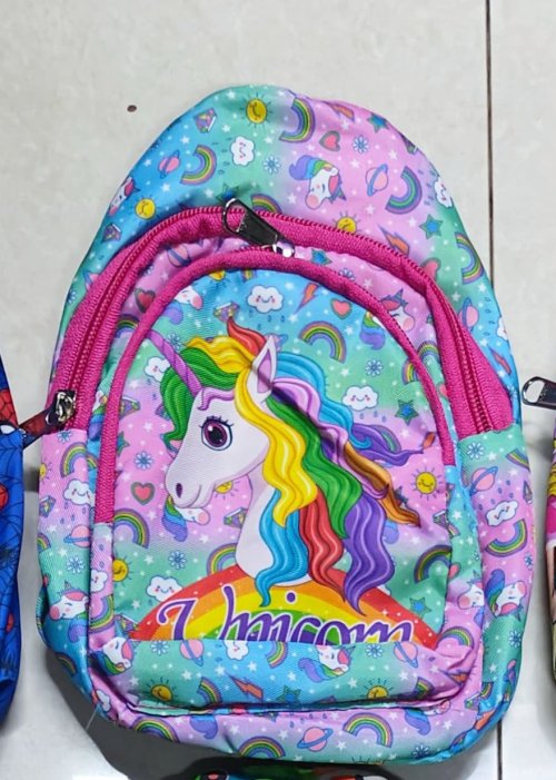 Colorful unicorn backpack with sling, designed for age 3+, perfect for kids' daily activities