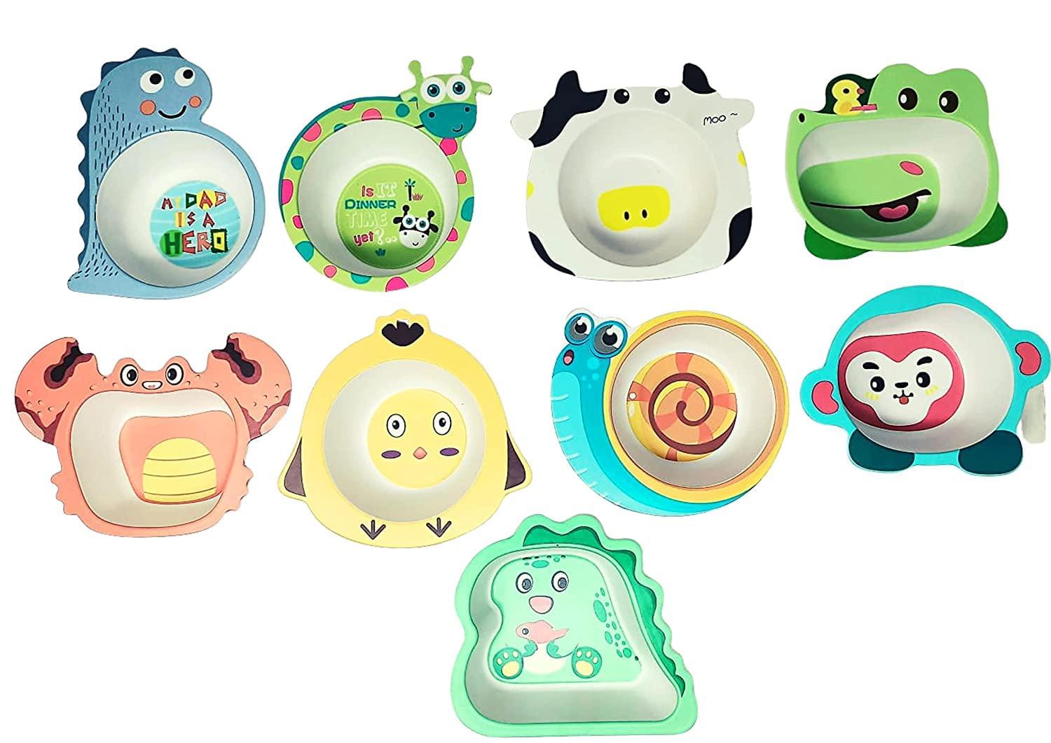 Set of colorful NIYO TOYS bamboo fiber snack bowls featuring fun animal designs for kids' mealtime