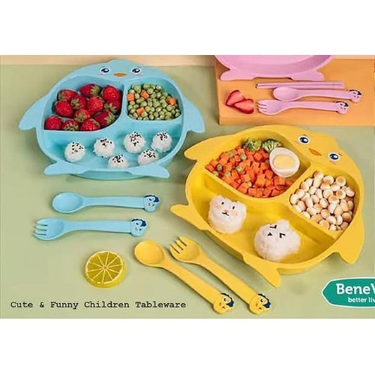 NIYO TOYS bamboo plates in blue and yellow for kids, featuring divided sections and cute animal design