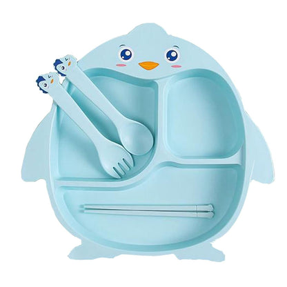 Blue penguin bamboo plates set with cute utensils, perfect for kids age 2 and up