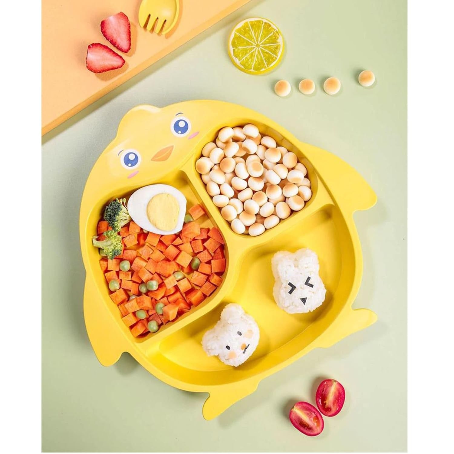 Yellow penguin bamboo plates divided for kids, perfect for ages 1+, fun mealtime serving