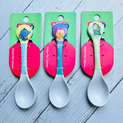 Colorful NIYO TOYS bamboo spoon set for toddlers, ages 6 months and up, featuring fun animal designs