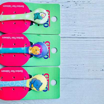 Set of three colorful bamboo spoons with animal designs, ideal for toddlers and young children
