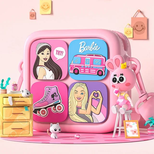 Pink Barbie lunch bag with fun graphics, perfect for kids age 3+, ideal for school and outings