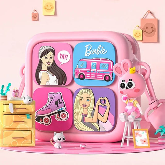 Pink Barbie lunch bag with fun graphics, perfect for kids age 3+, ideal for school and outings