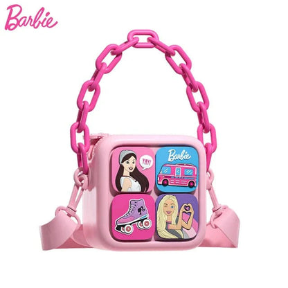 Barbie lunch bag in pink with fun graphics, designed for kids age 3 and up, perfect for carrying snacks