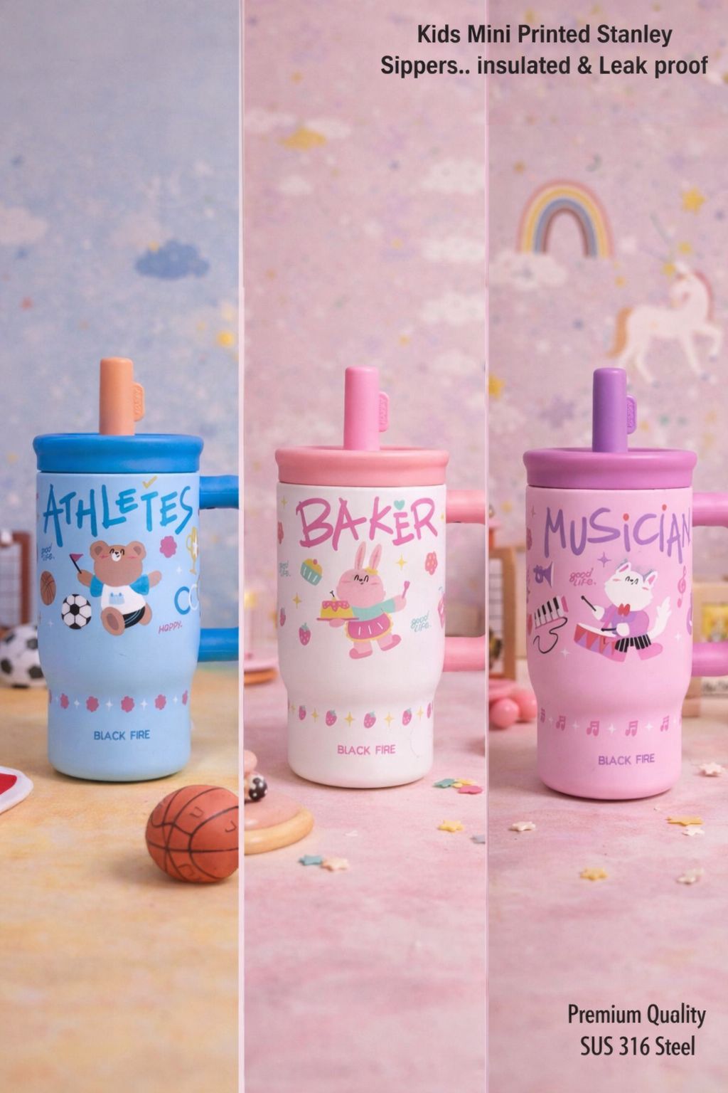 Kids Mini Printed Stanley Tumblers insulated, featuring Athletes, Baker, and Musician for ages 3+, leak proof design