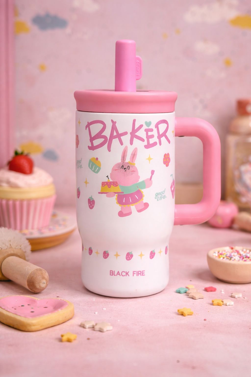 NIYO TOYS insulated tumbler in white and pink featuring a cute bunny design, age 3+, ideal for kids