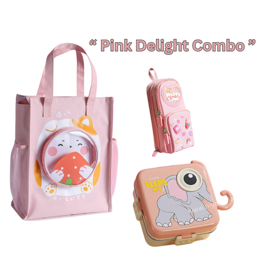 Pink Delight Combo with a cute backpack, pencil case, and box lunch for kids age 3+, perfect for school or outings