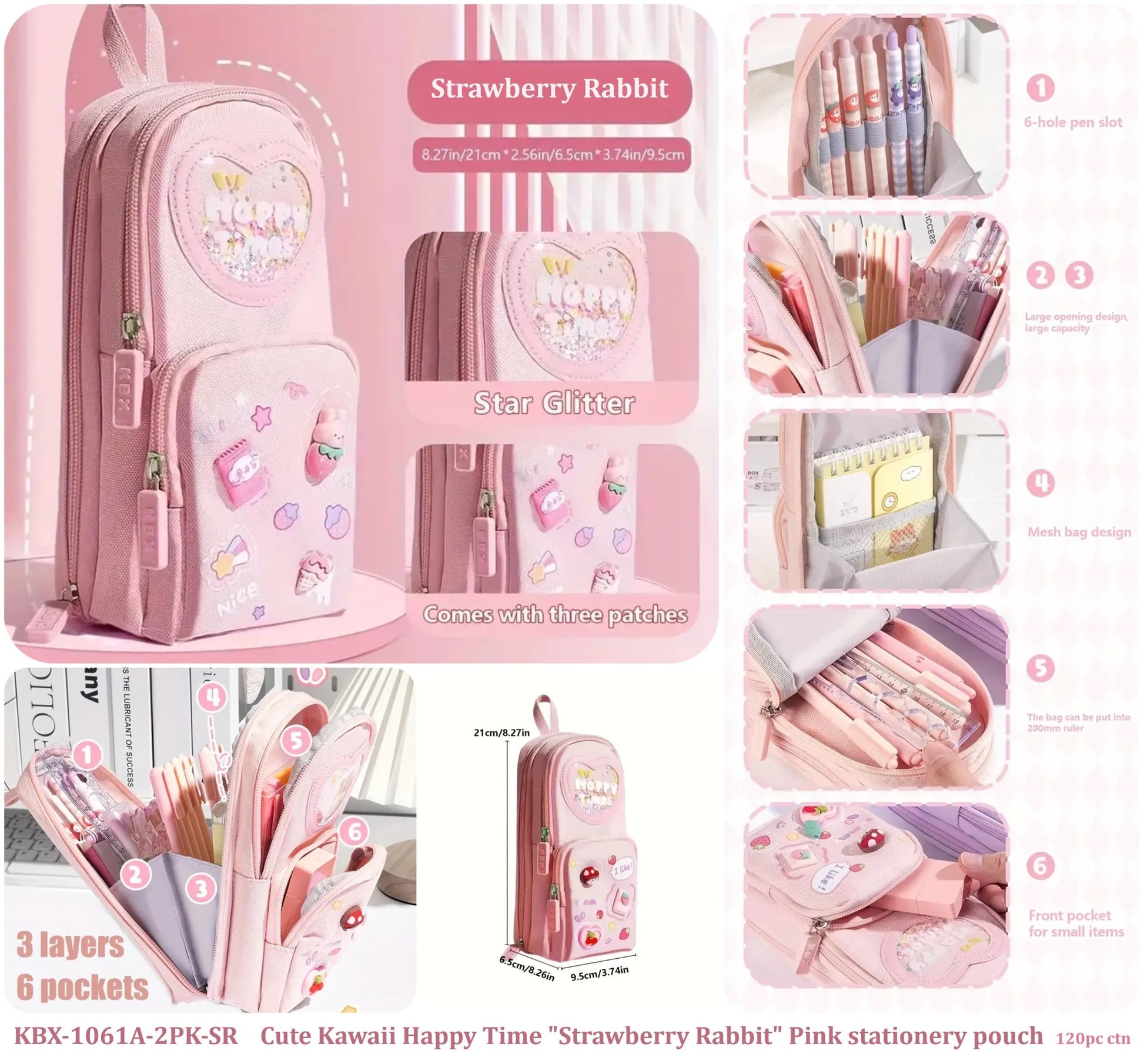 Pink Strawberry Rabbit box lunch stationery pouch with six pockets for kids age 3 and up, ideal for school use