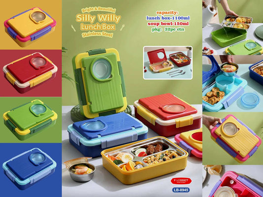 Brightly colored leakproof lunch box for kids made of stainless steel, ideal for meals and snacks