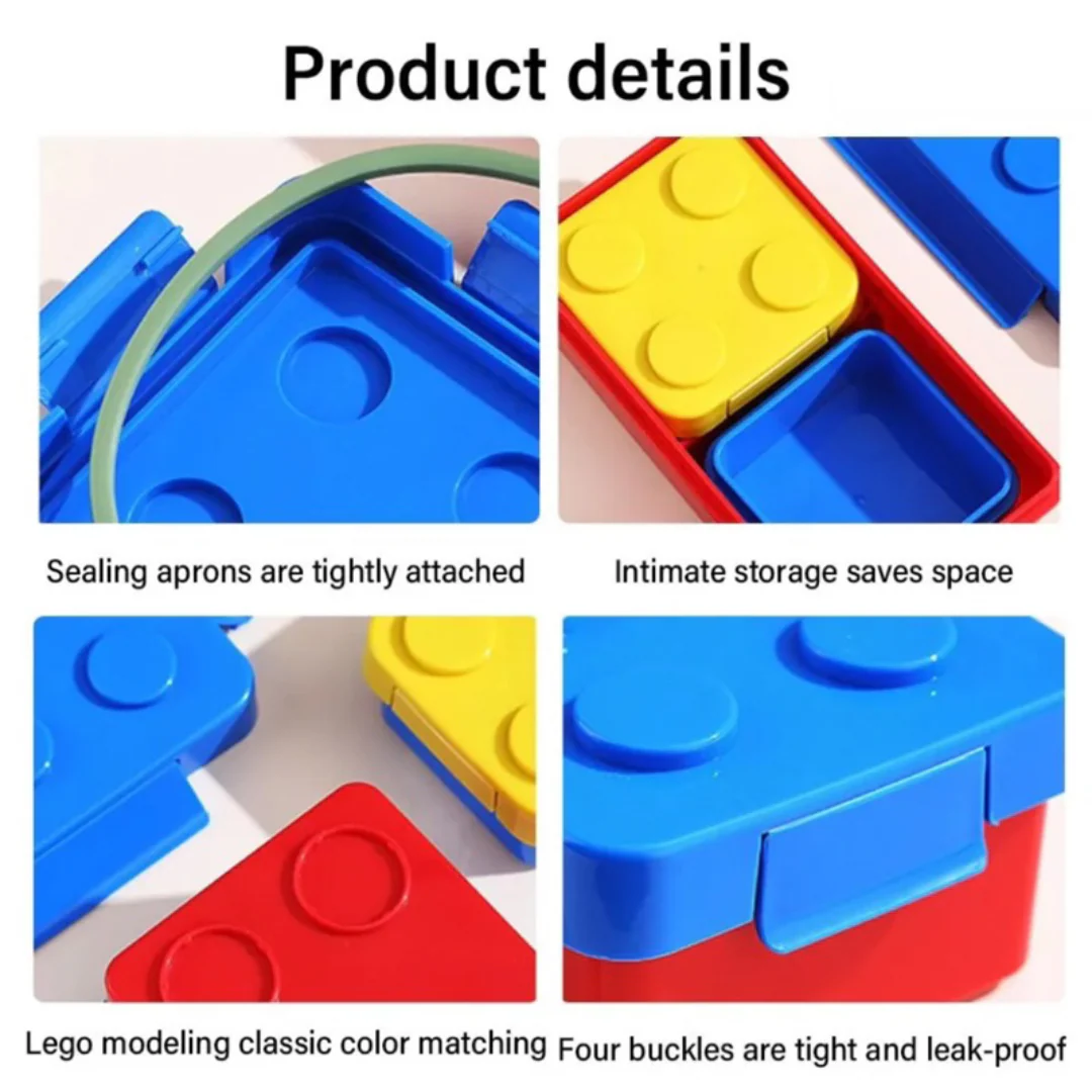 Red and yellow building blocks lunch box for kids, age 3+, perfect for school or picnics