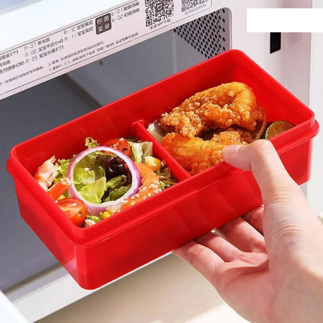 Red building blocks lunch box for kids, perfect for meals on the go, age 3+, microwave safe