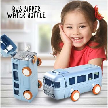 Light blue bus shaped water bottle for kids, perfect for hydration on the go, age 3 and up